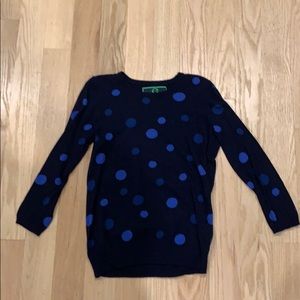 navy blue sweater with lighter blue polka dots